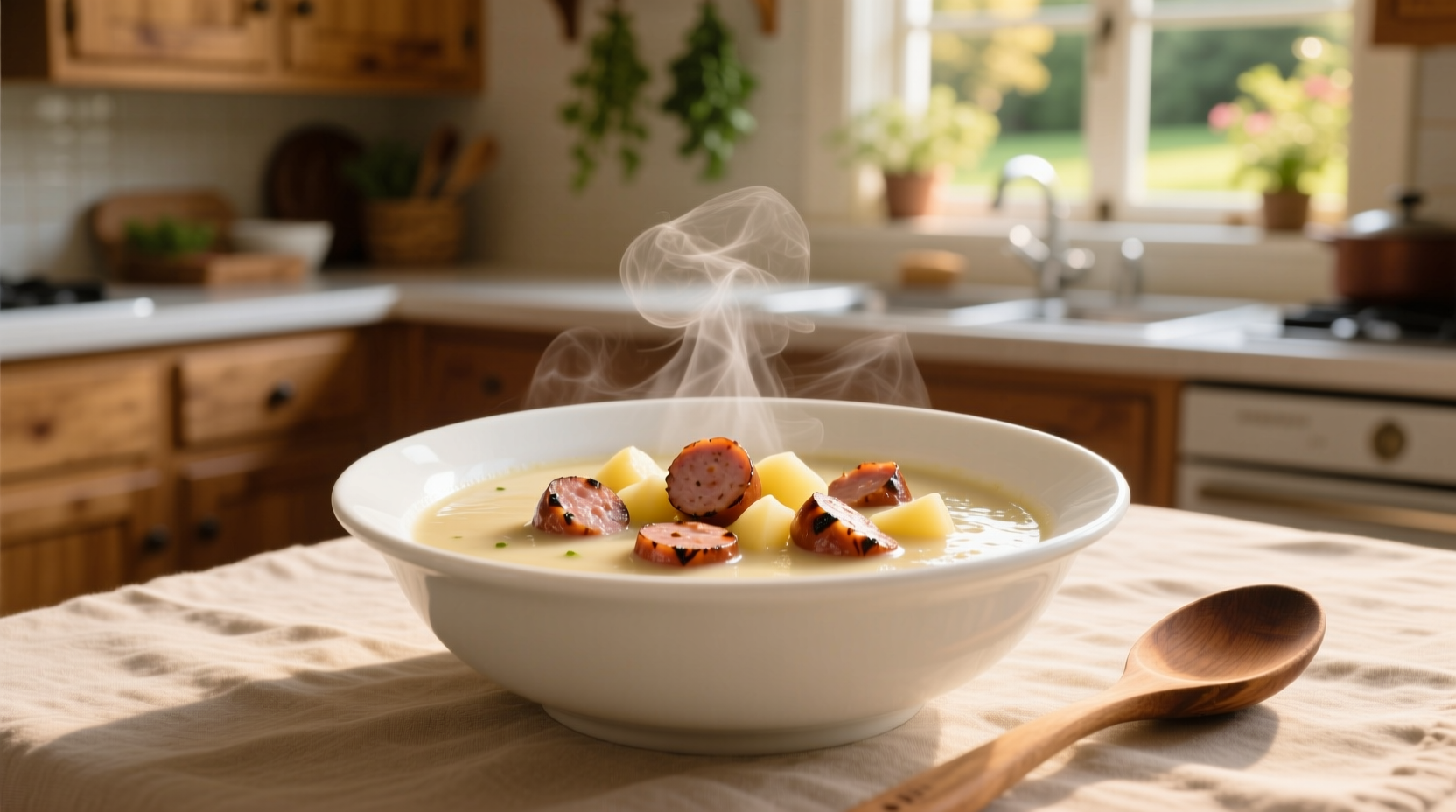 Potato soup with sausage in white bowl