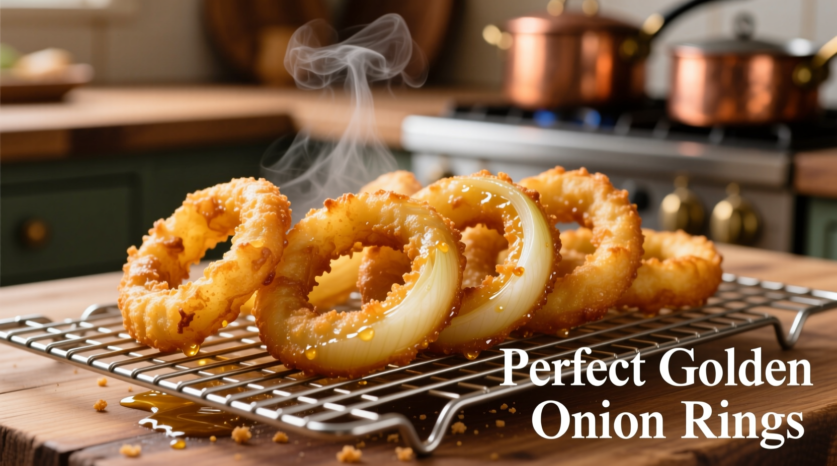 Perfect golden onion rings on cooling rack