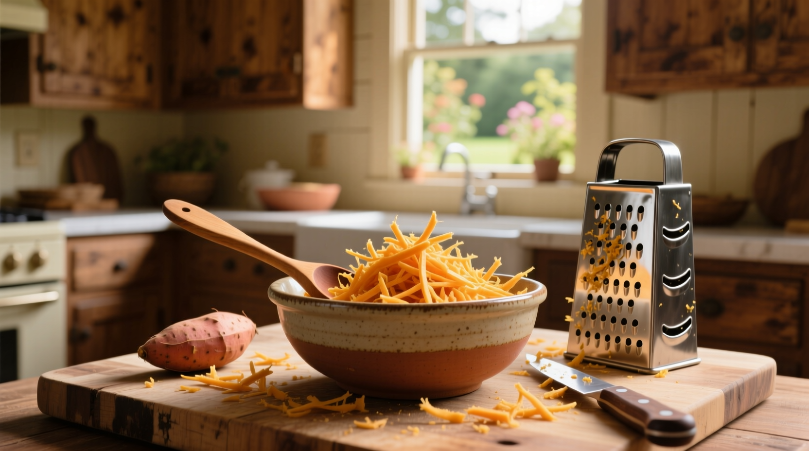 Freshly shredded sweet potato in a bowl with kitchen tools