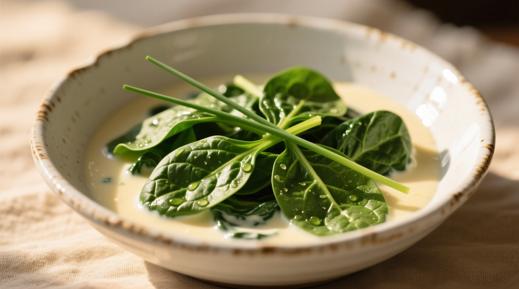 Fresh creamed spinach in white ceramic bowl
