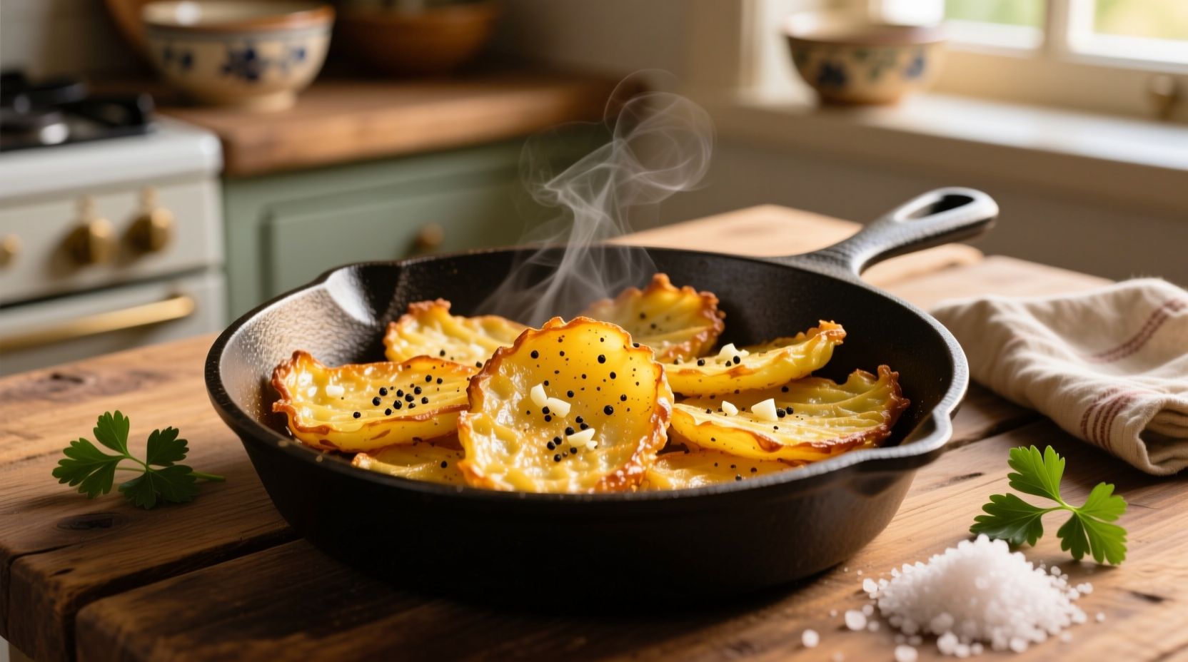 Golden yellow potato hash browns in cast iron skillet