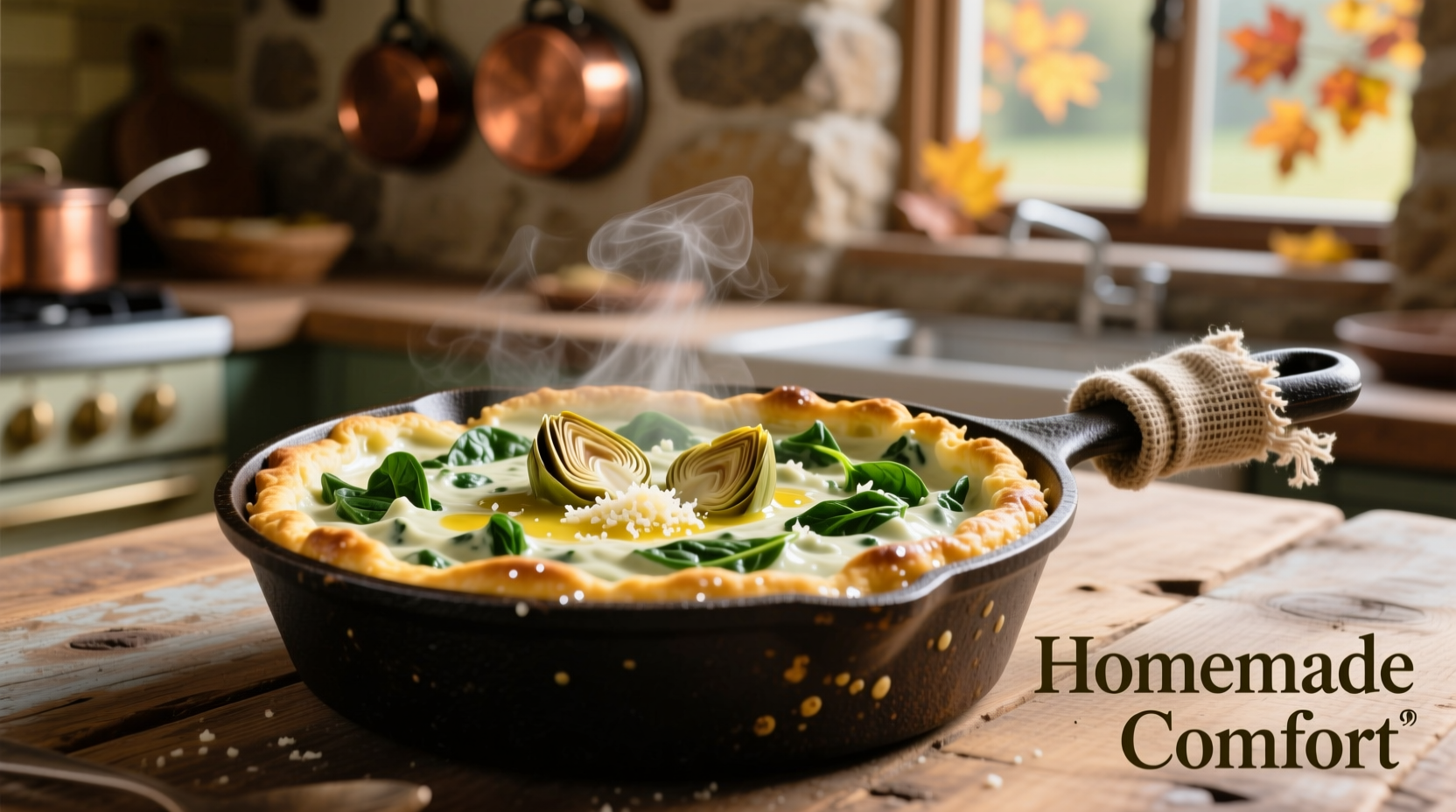 Creamy spinach artichoke dip in cast iron skillet