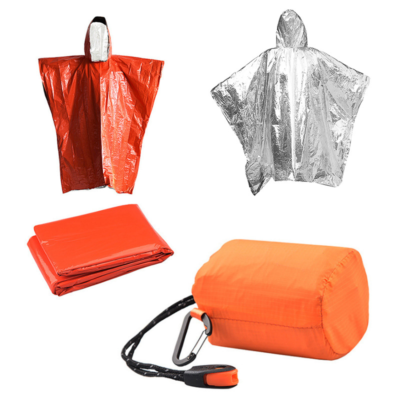 2pcs/pack Poncho ταινιών αργιλίου αδιάβροχων έκτακτης ανάγκης μίας χρήσης κρύος εξοπλισμός στρατοπέδευσης εργαλείων επιβίωσης καλυμμάτων αδιάβροχων μόνωσης