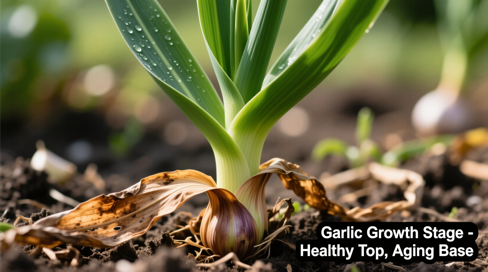 Close-up of garlic plant showing brown lower leaves and green upper leaves