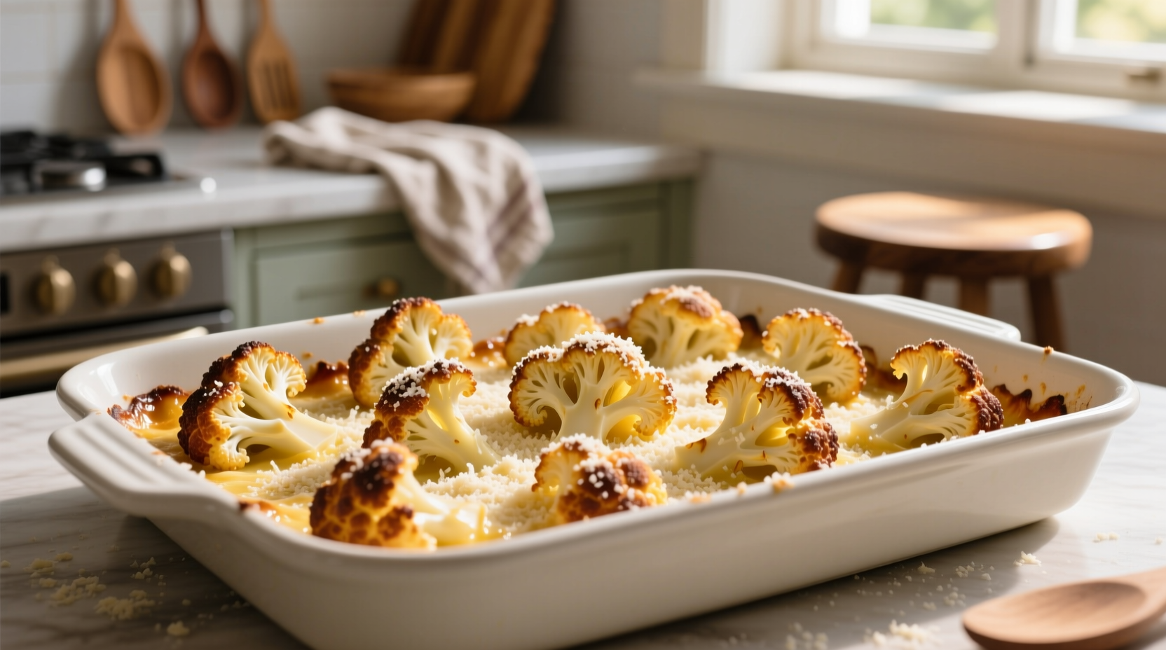 Golden brown parmesan cauliflower florets on baking sheet