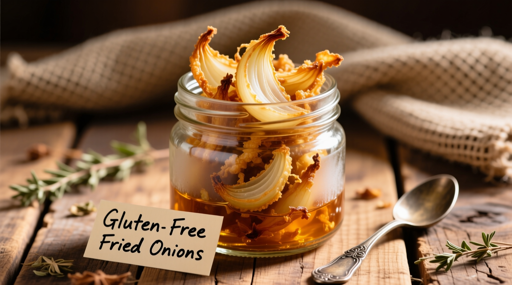 Homemade gluten free fried onions in a glass jar