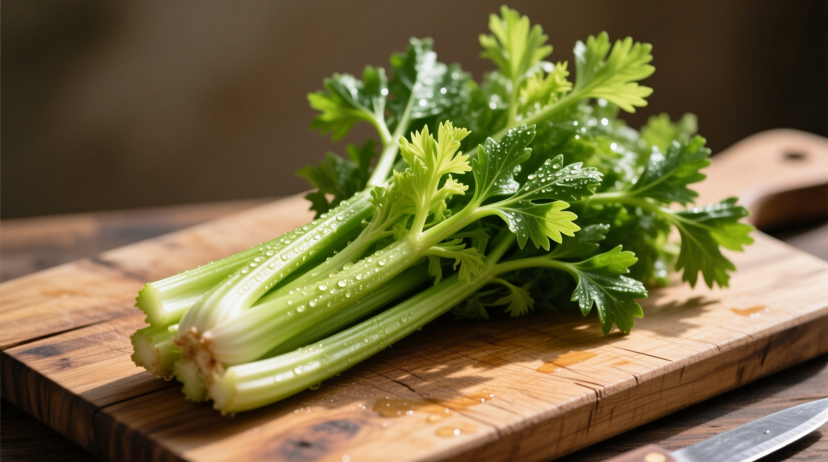 Fresh celery bunch with vibrant green leaves on wooden cutting board