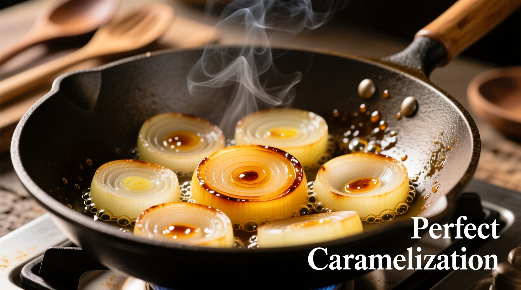 Yellow onion slices in a hot wok showing perfect caramelization
