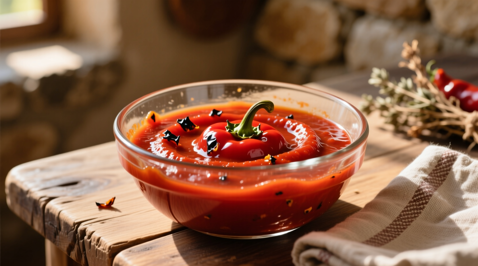Roasted red pepper sauce in a glass bowl