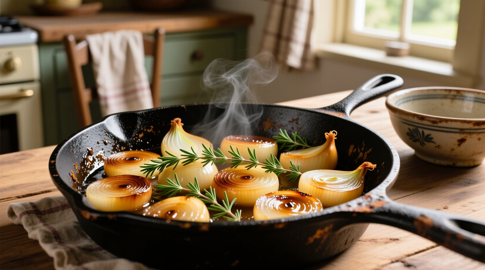 Golden onion confit in cast iron skillet with fresh thyme