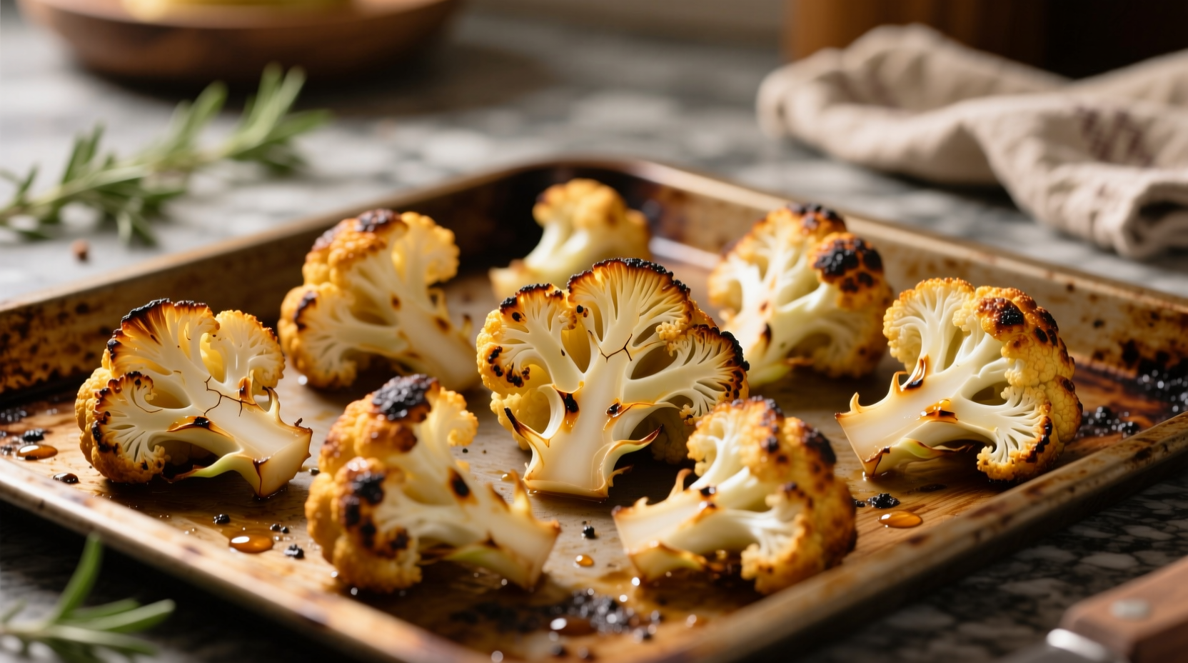 Golden roasted cauliflower florets with crispy edges on baking sheet