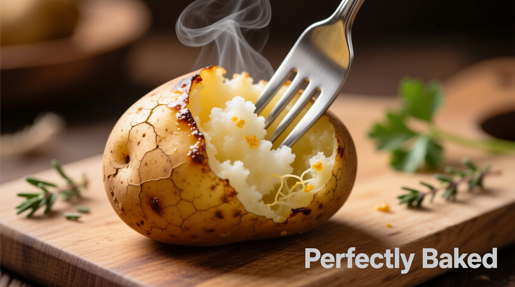 Perfectly baked russet potato with steam rising and fork test showing fluffy interior