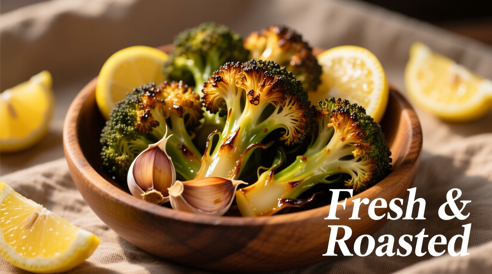 Golden roasted broccoli with lemon slices and garlic cloves