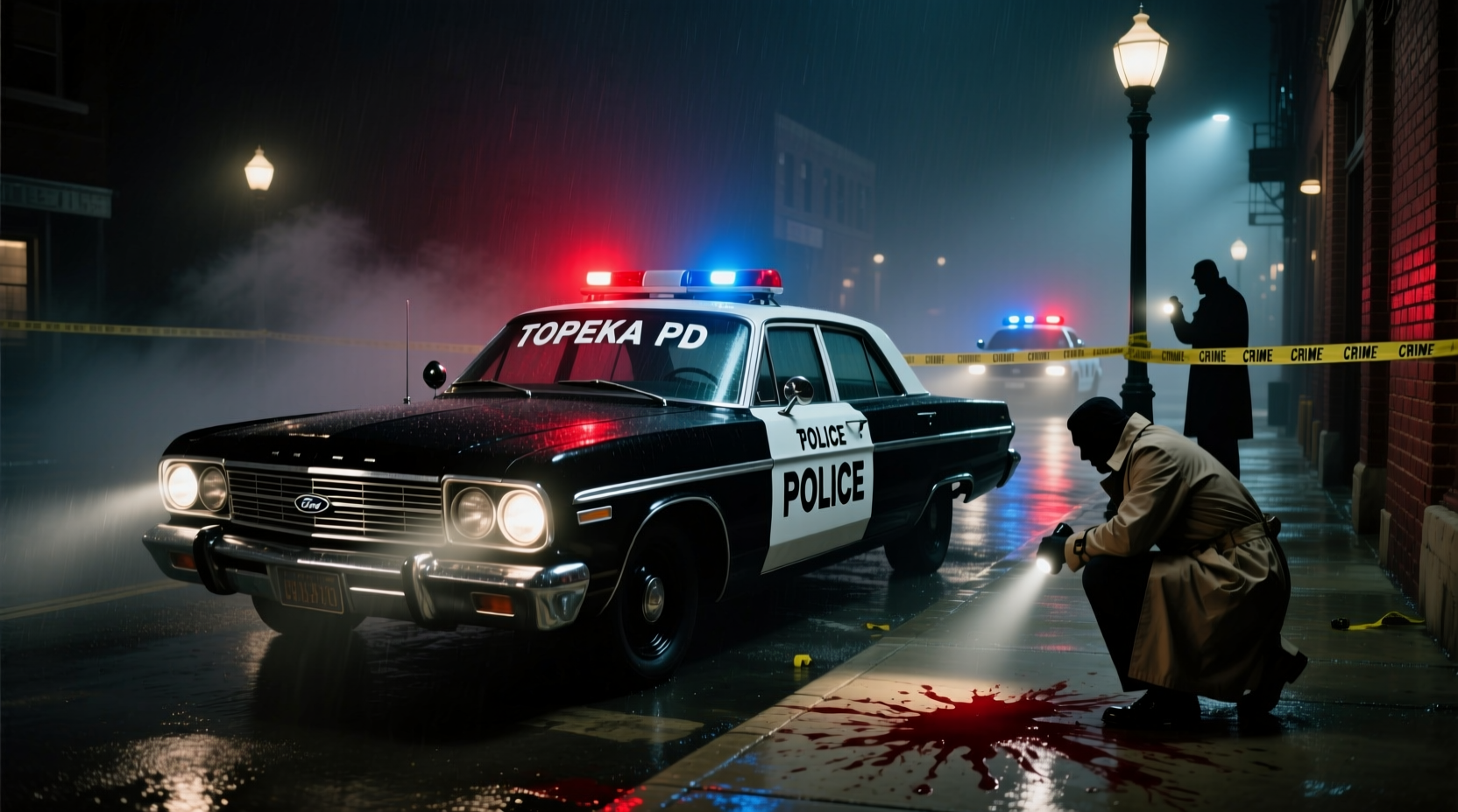 1960s police cruiser at night crime scene