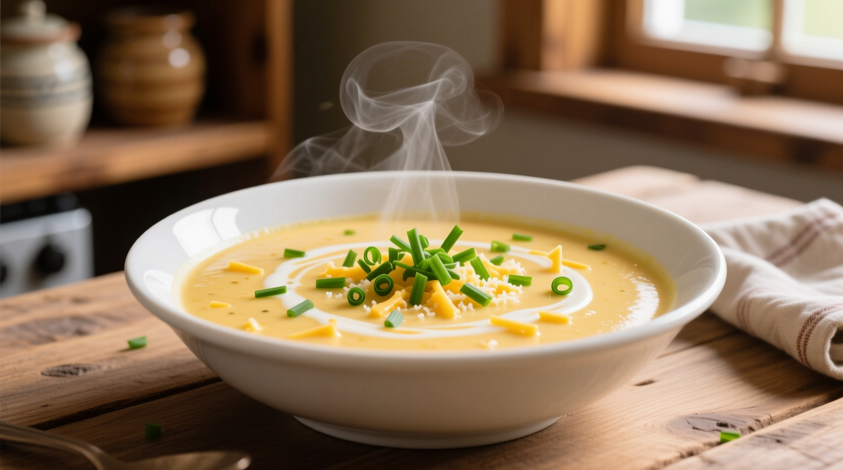 Creamy cauliflower cheese soup in white bowl with chives