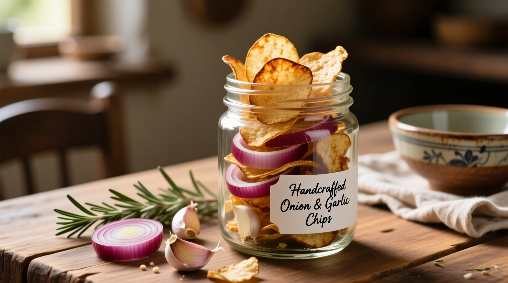 Homemade onion and garlic chips in glass jar with fresh ingredients