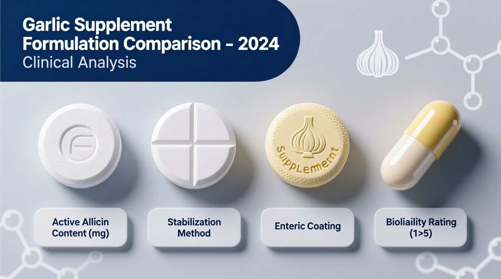 Garlic supplement comparison showing different tablet formulations