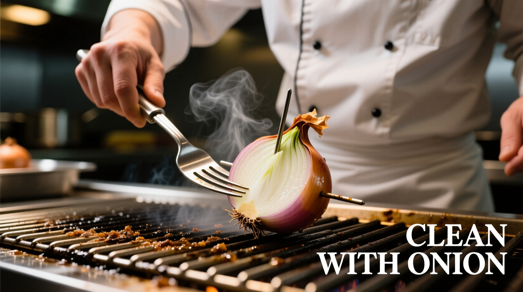 Chef cleaning grill grates with half an onion on fork