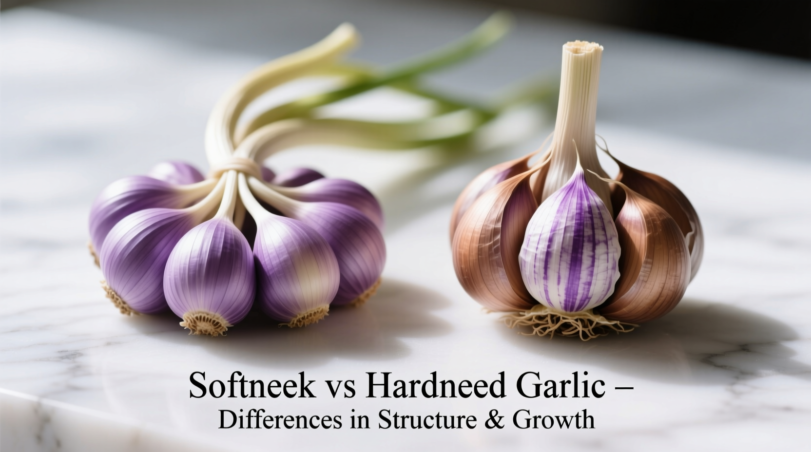 Side-by-side comparison of softneck and hardneck garlic bulbs