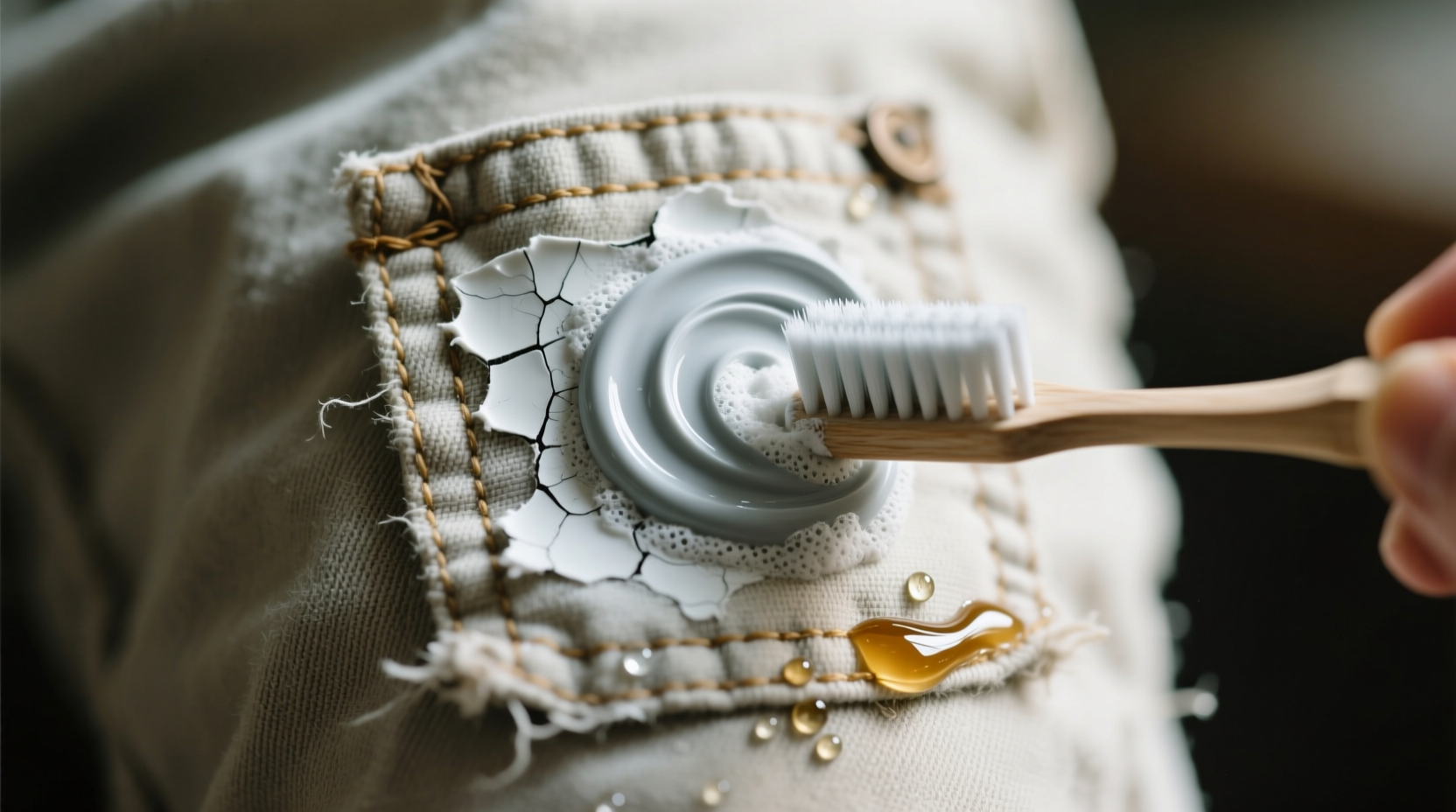 Close-up of a cotton overall knee patch with dried white paint; a soft toothbrush applies a light gray baking soda paste in circular motion, with vinegar solution visibly beading at the fabric edge