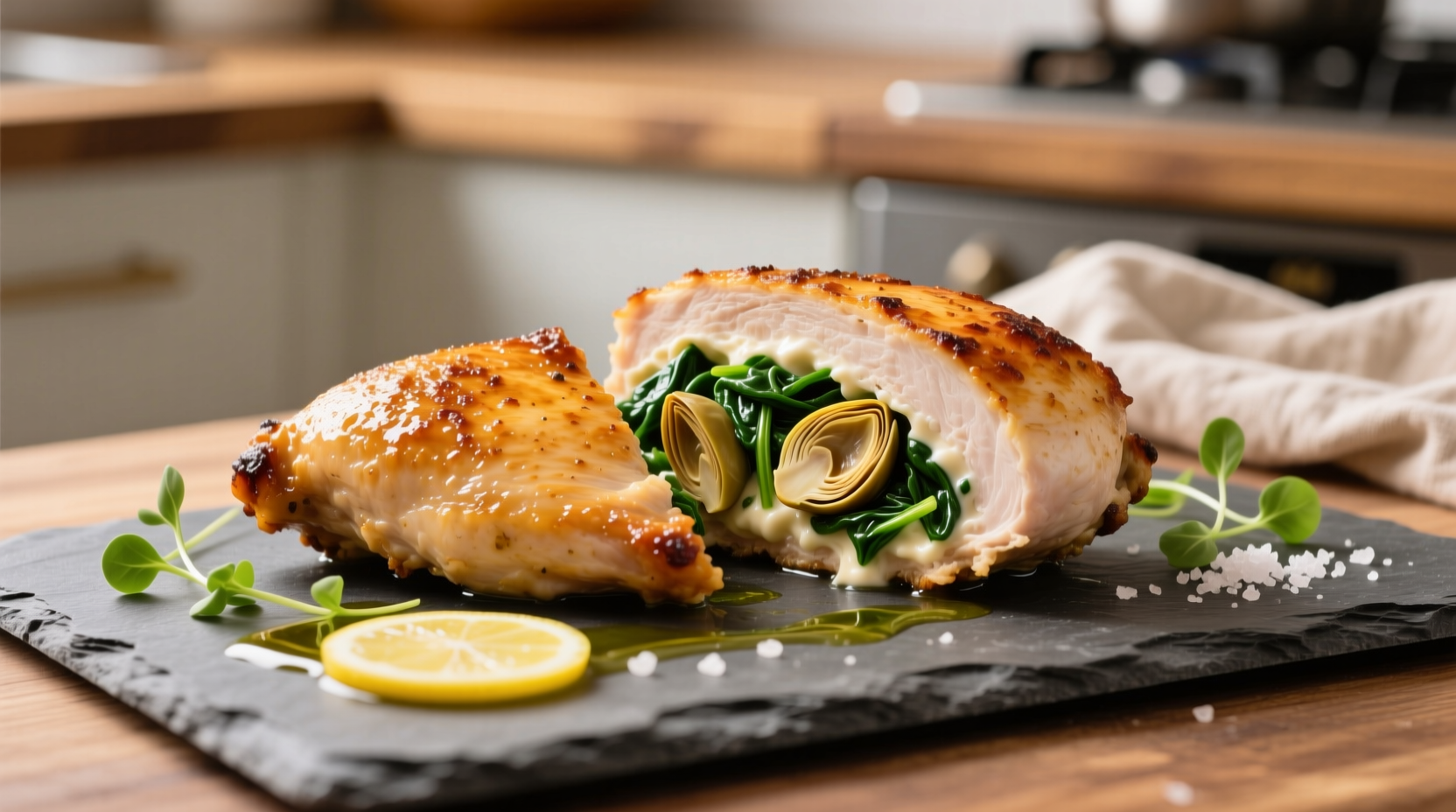 Perfectly cooked chicken breast stuffed with spinach and artichoke