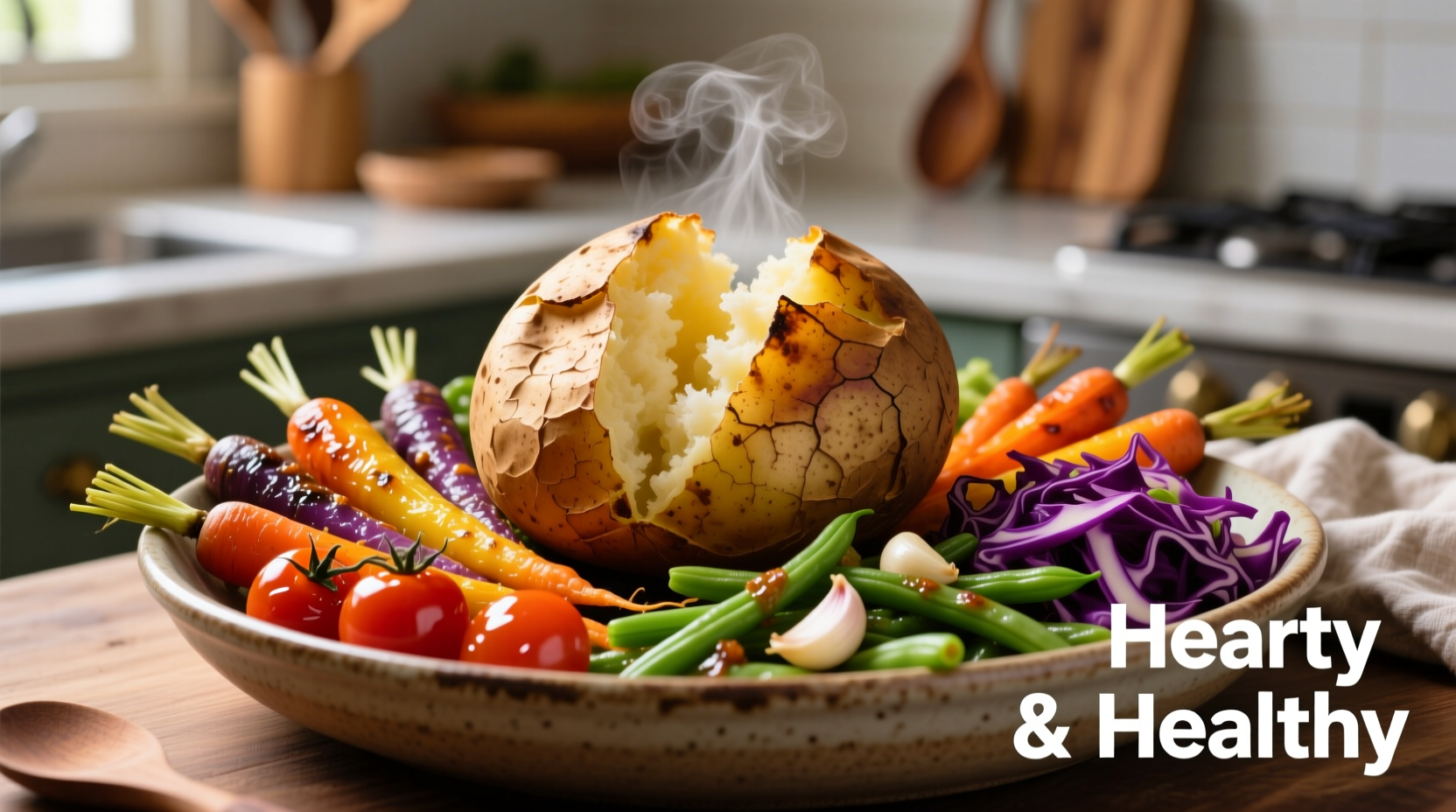 Baked potato with colorful vegetable sides