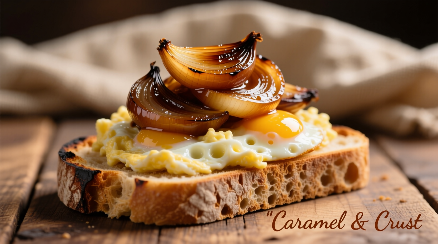 Perfectly caramelized onions with fluffy scrambled eggs on artisan bread