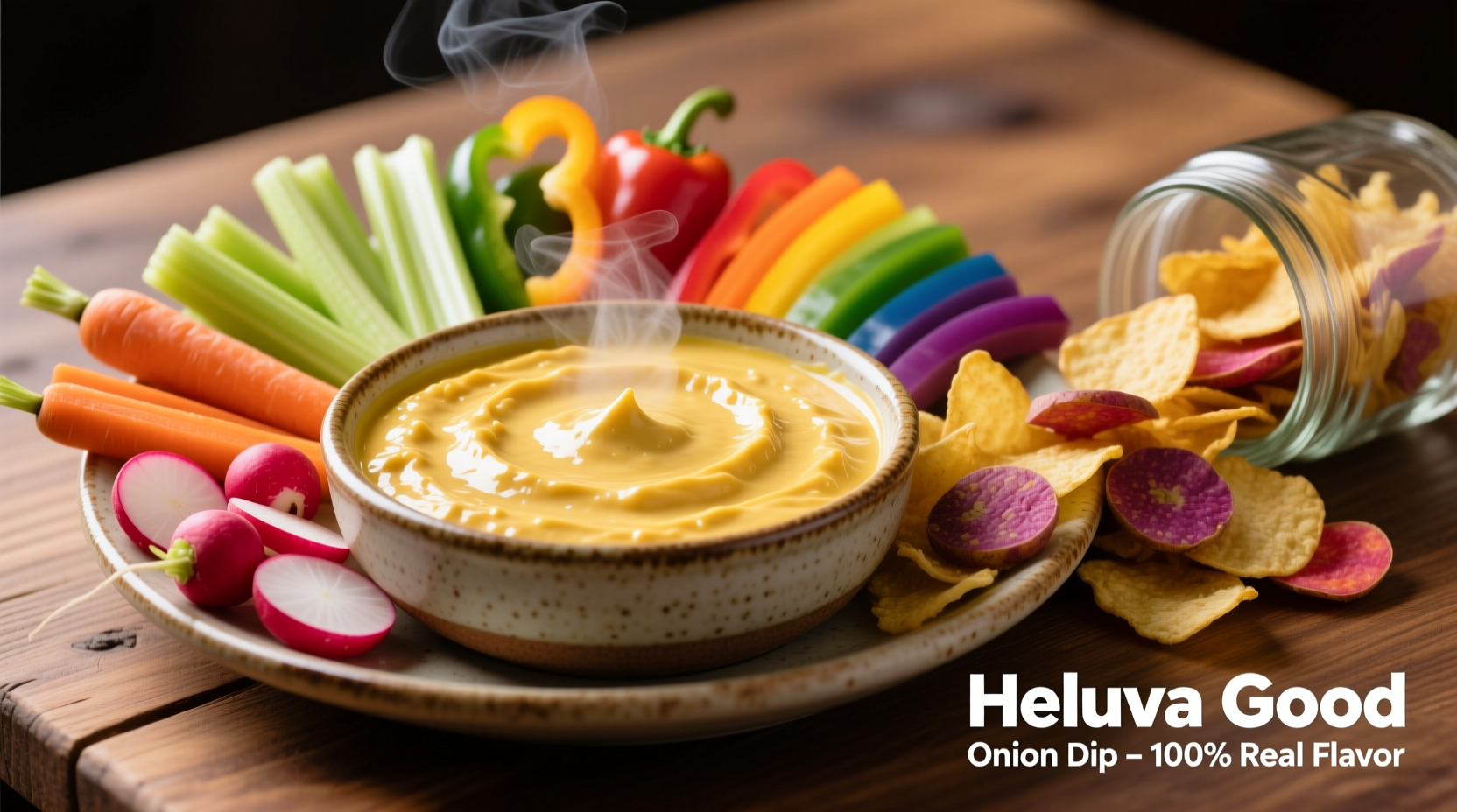 Heluva Good onion dip served with assorted vegetables and chips