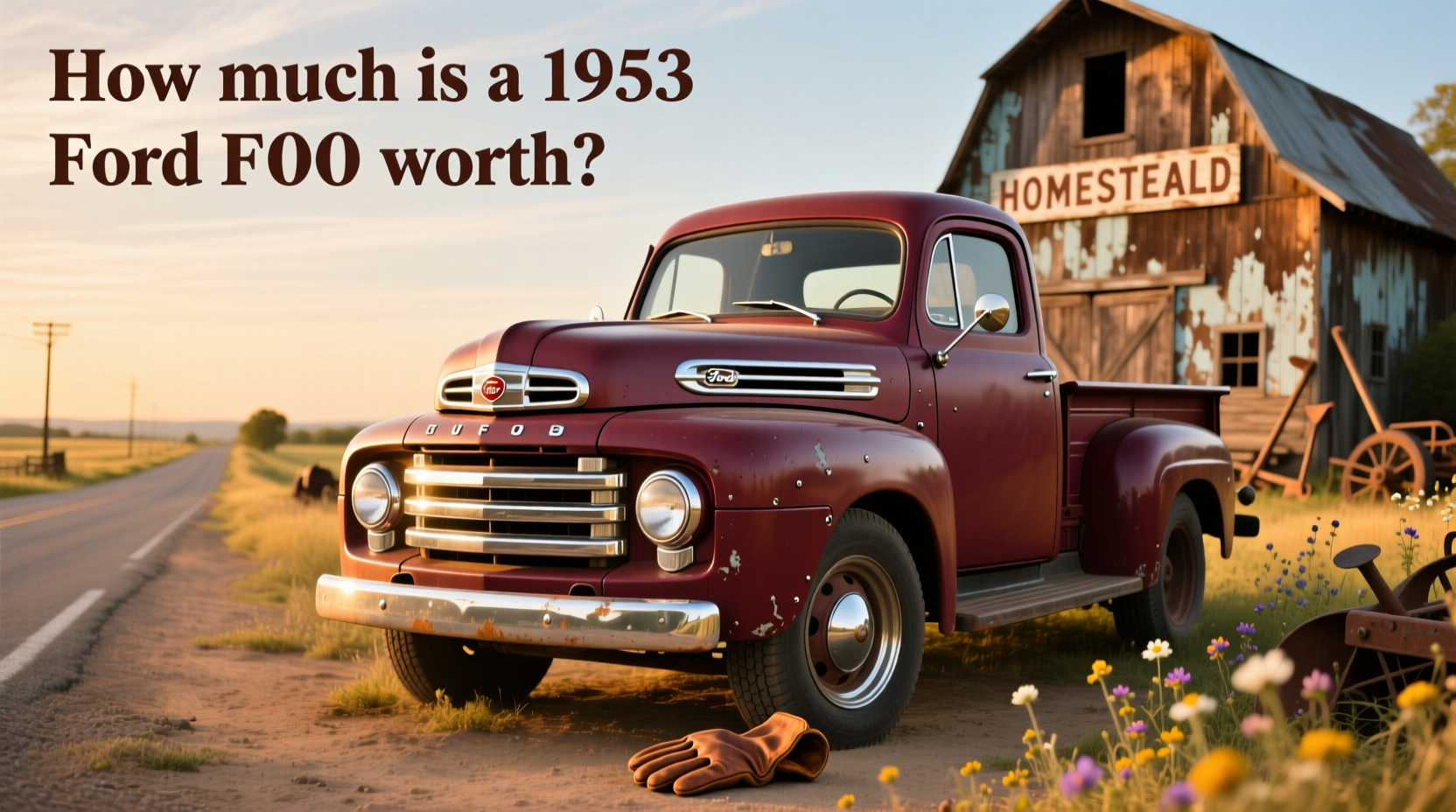 1953 Ford F-100 pickup truck parked on a rural road