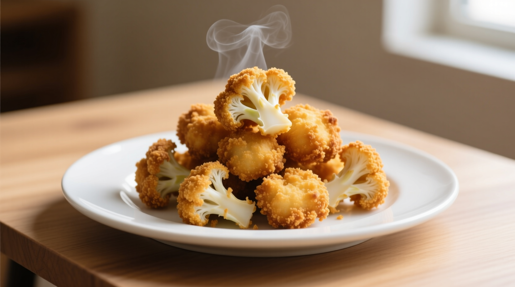 Golden brown breaded cauliflower florets on white plate