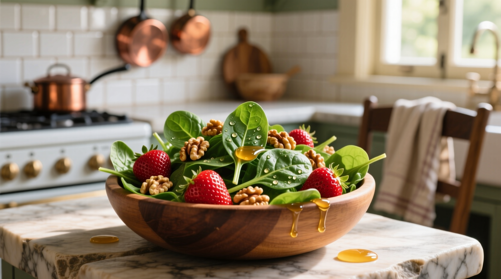 Fresh spinach salad with strawberries and walnuts