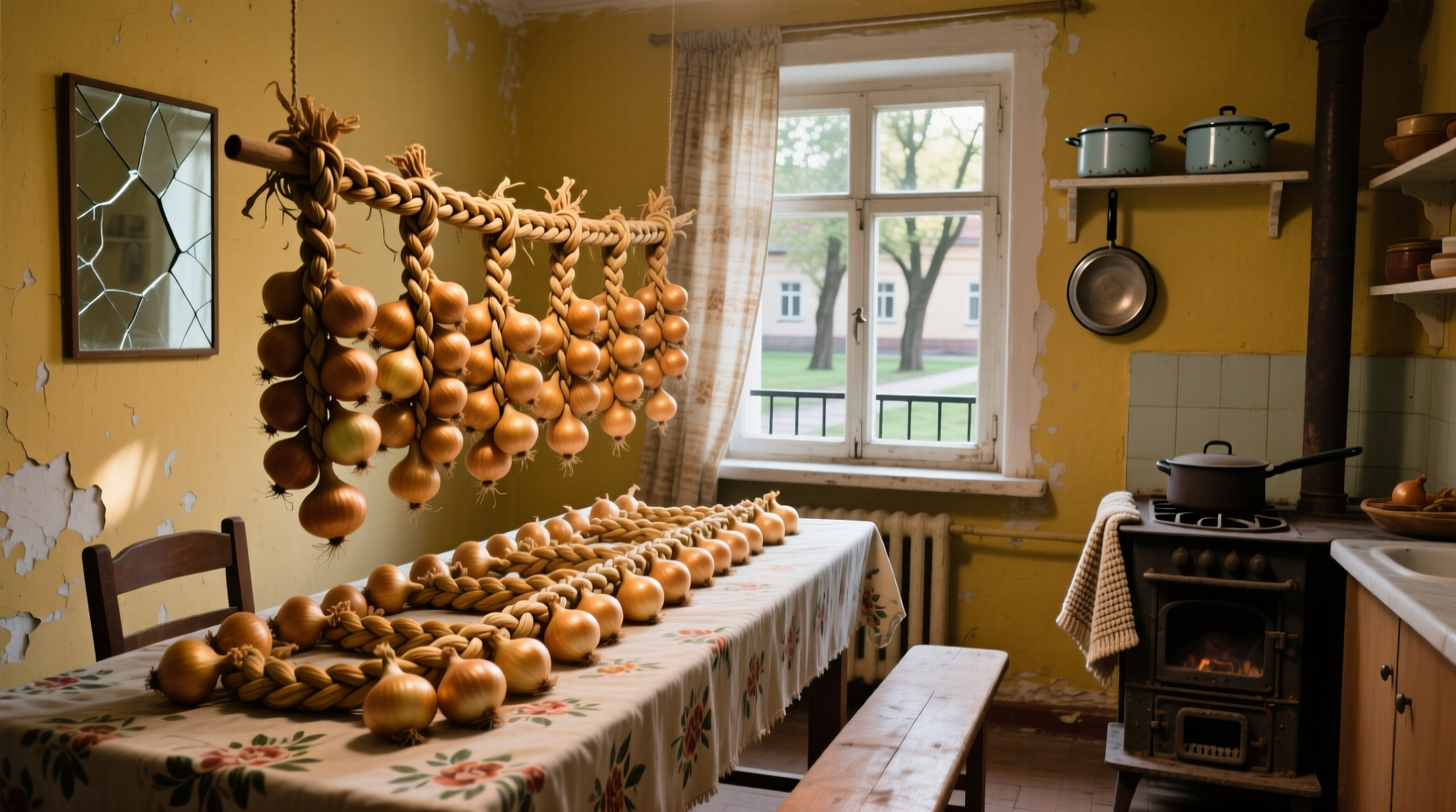 Traditional Soviet kitchen with onions braided and hanging