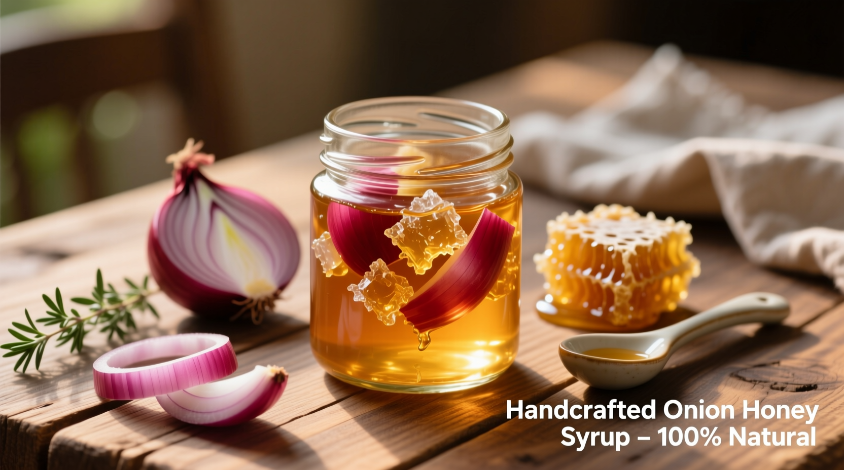 Homemade onion honey syrup in glass jar with fresh ingredients