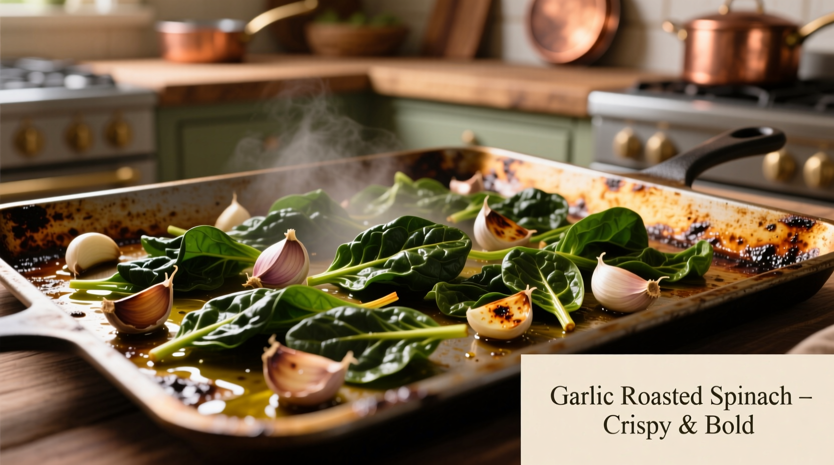 Crispy roasted spinach on baking sheet with garlic