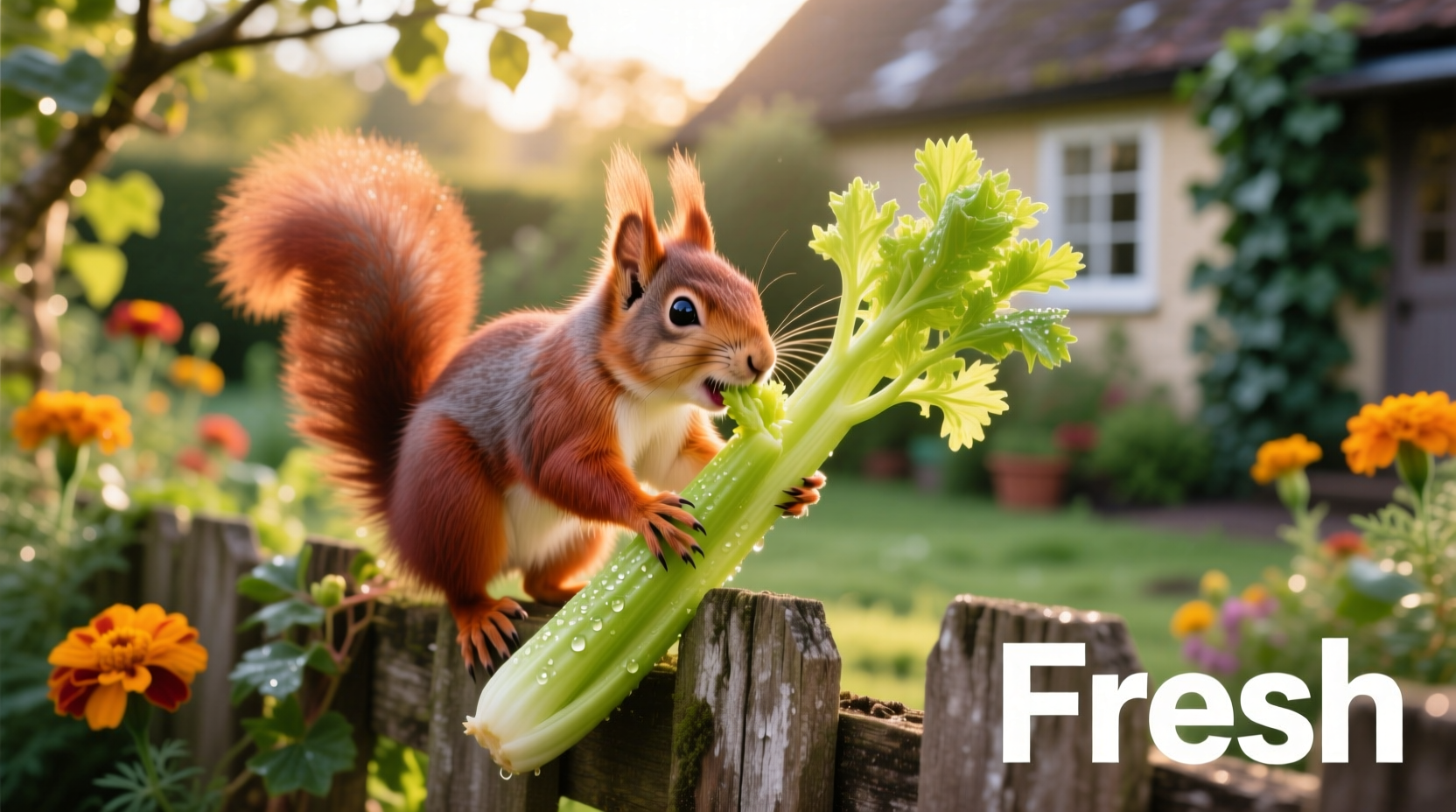 Squirrel nibbling on fresh celery stalk in garden
