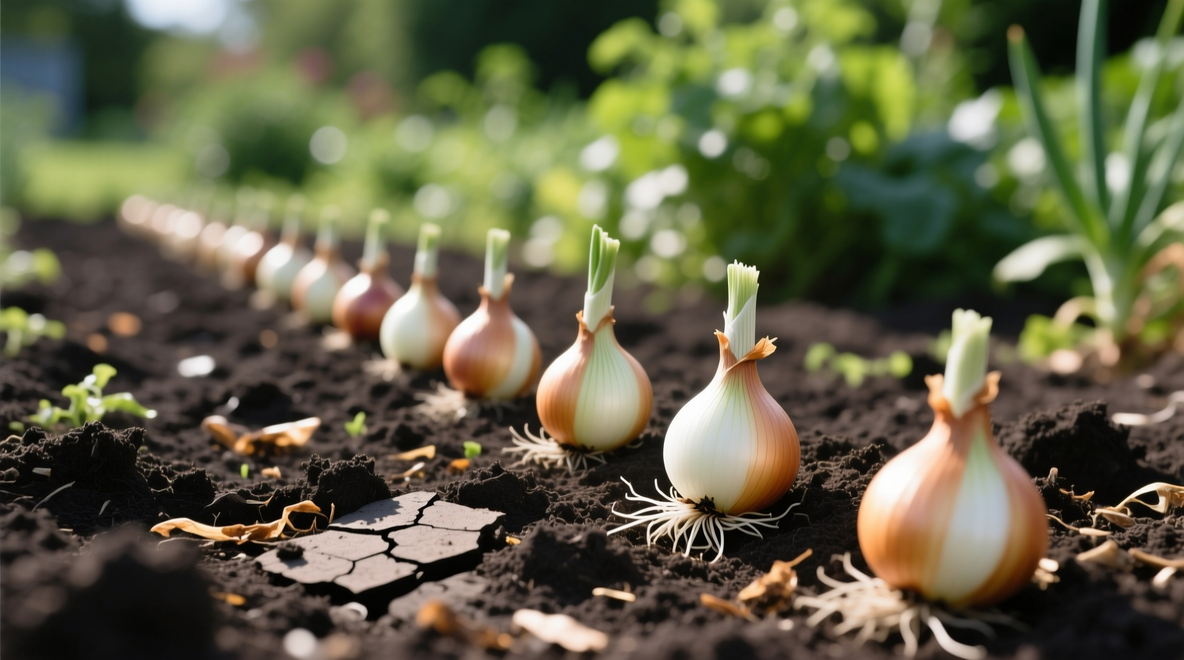 Properly spaced onion sets in garden soil