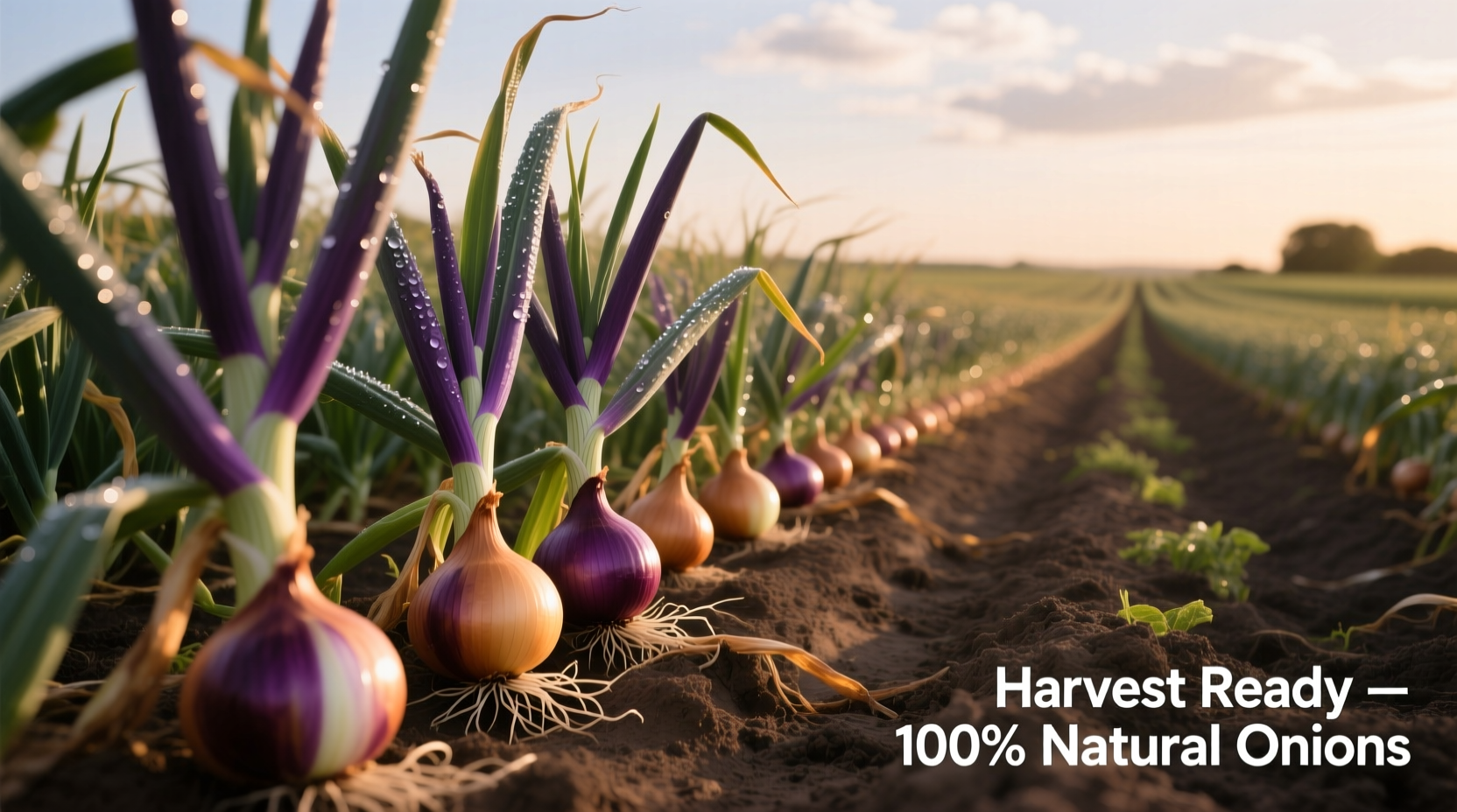 Onion farm field with mature plants ready for harvest