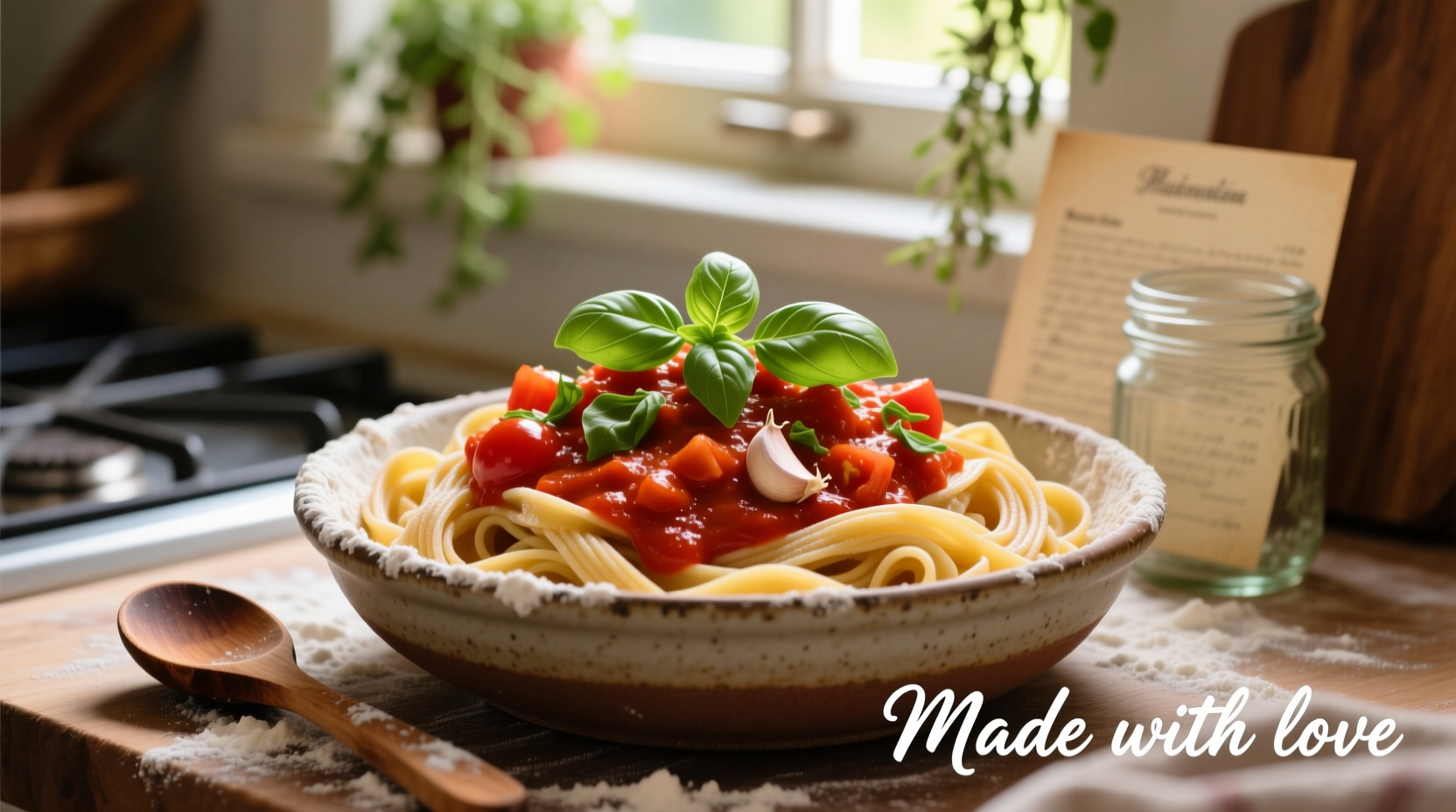 Homemade pasta with rich tomato sauce and fresh basil