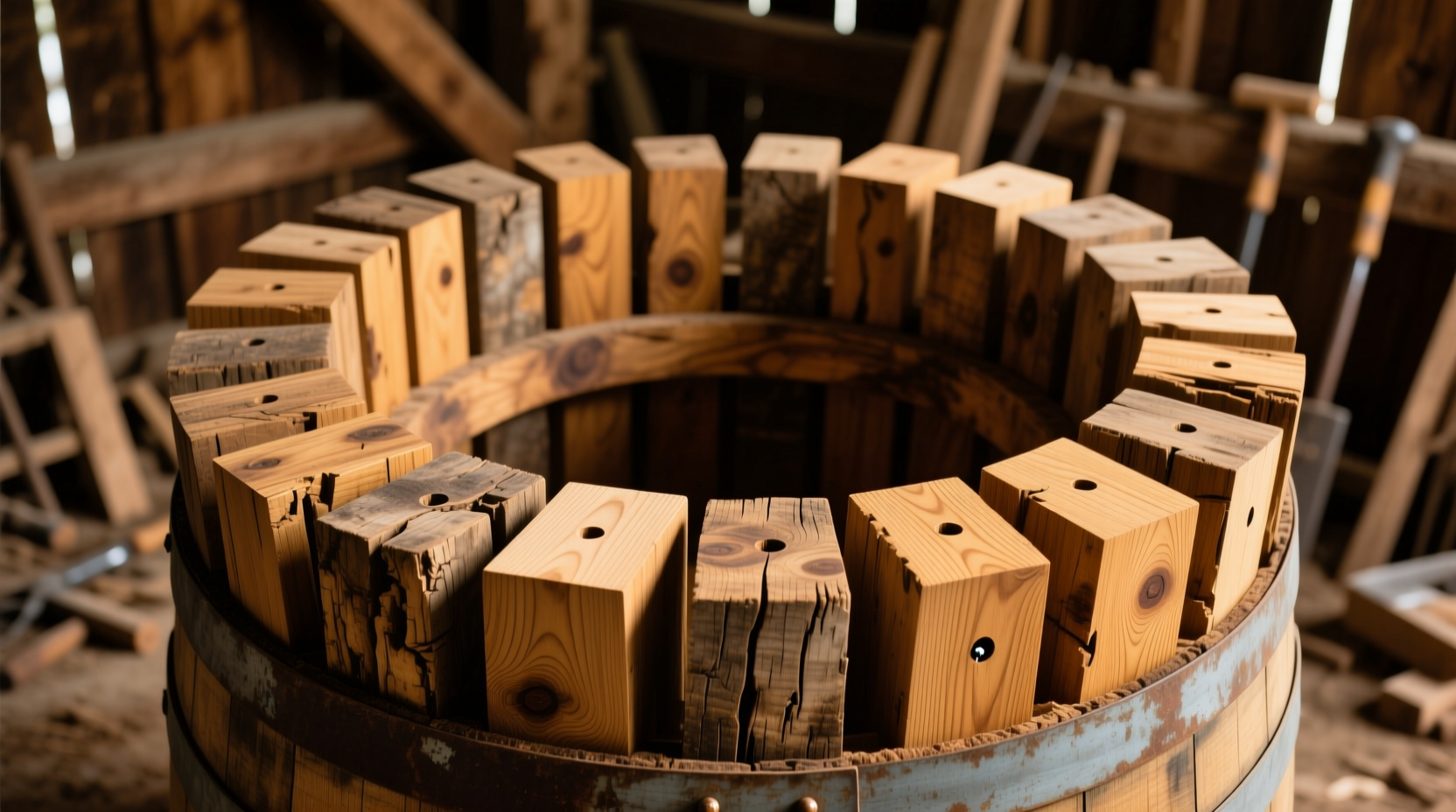 Reclaimed wood staves arranged for barrel construction