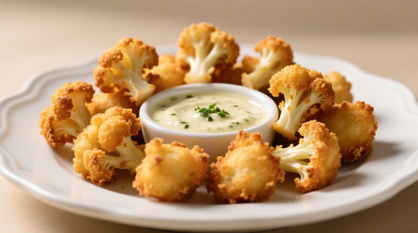 Crispy golden cauliflower nuggets on white plate with dipping sauce