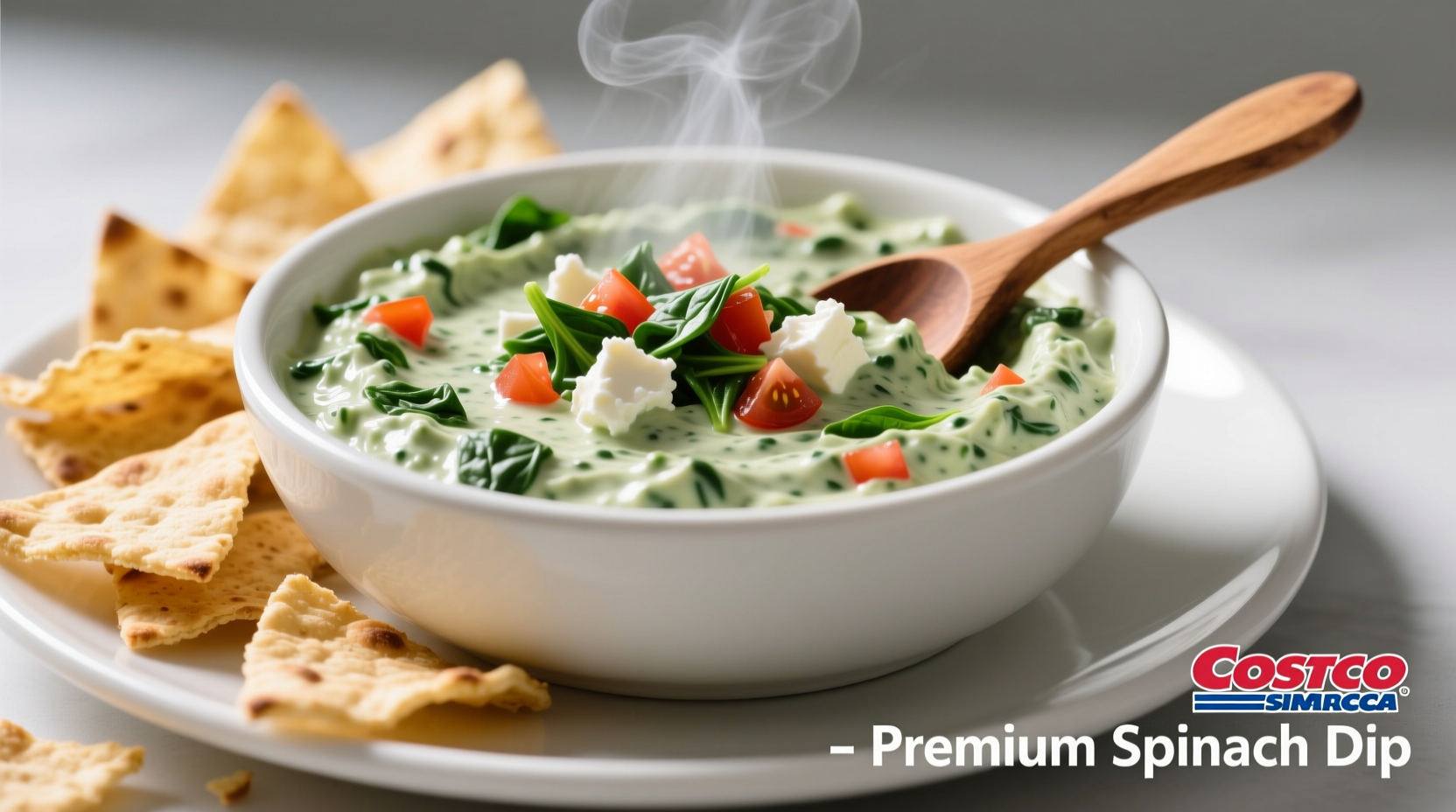 Costco spinach dip served with pita chips