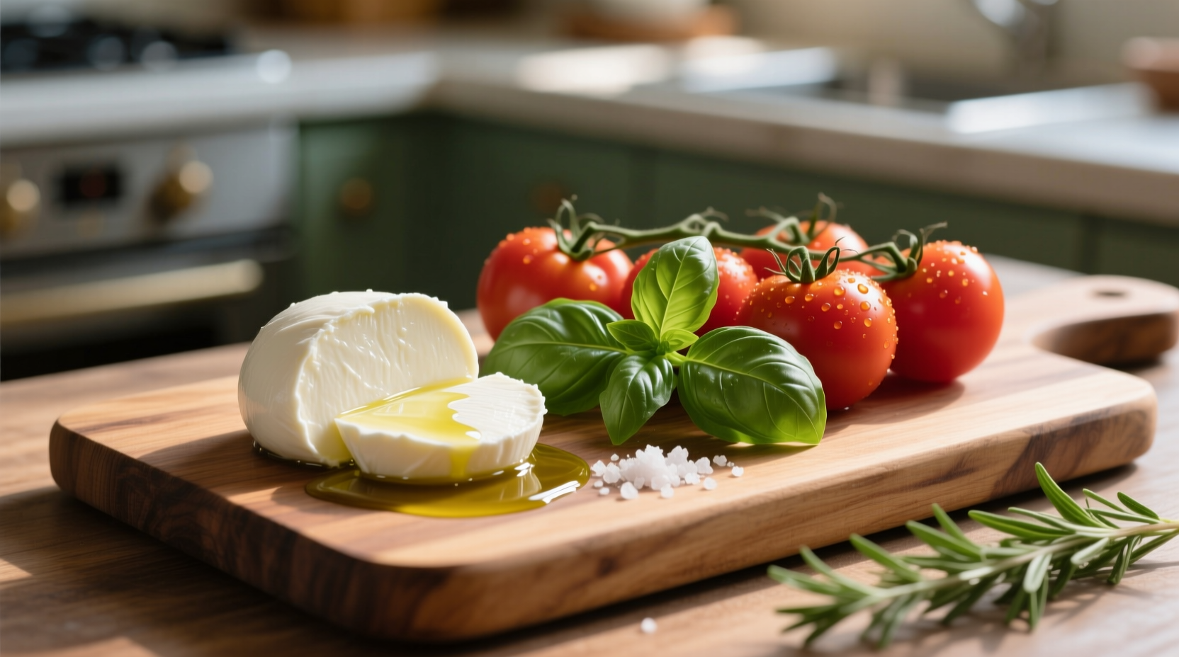 Fresh mozzarella tomato basil ingredients arranged
