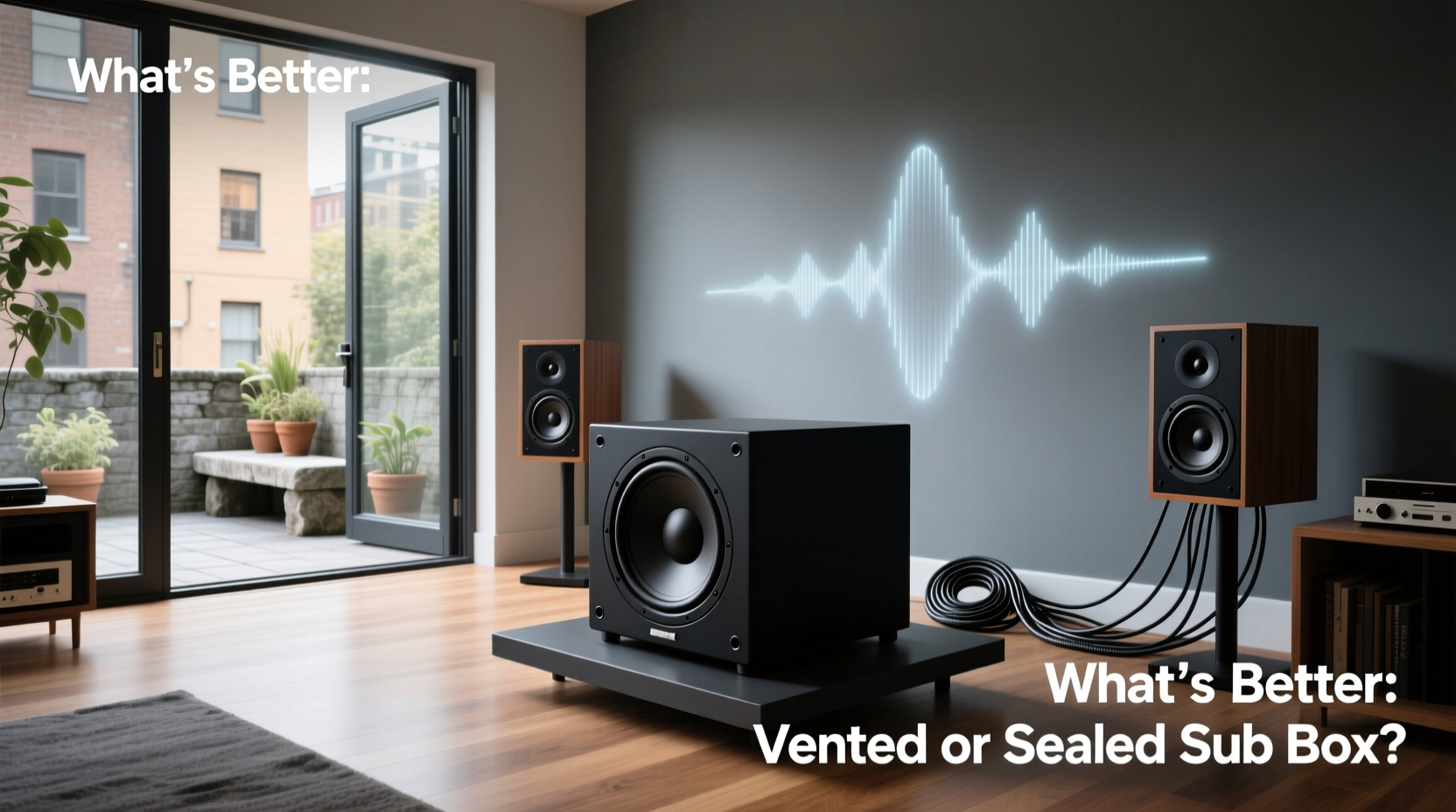 Sealed subwoofer box design with clean exterior and front-facing driver