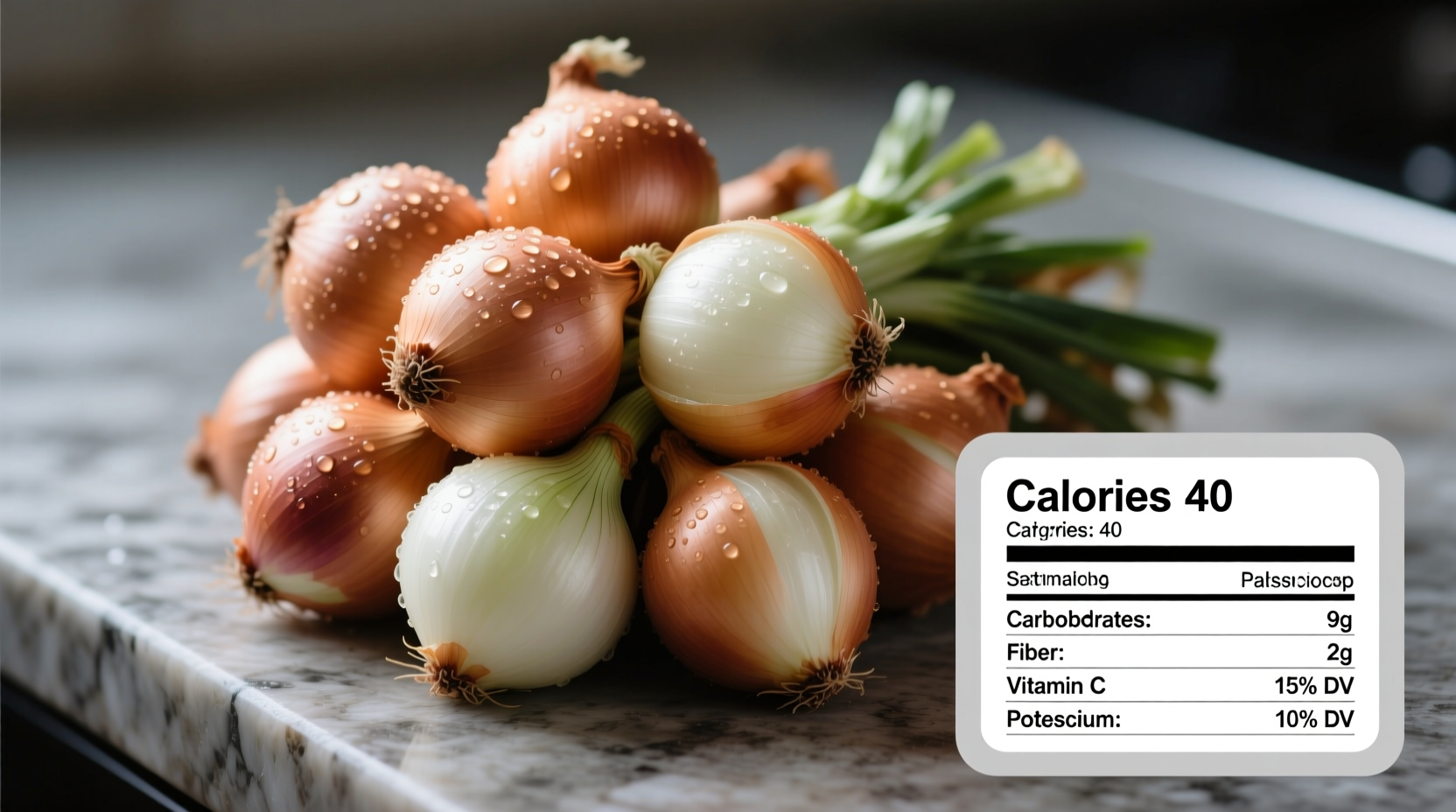 Fresh onions with nutritional facts chart