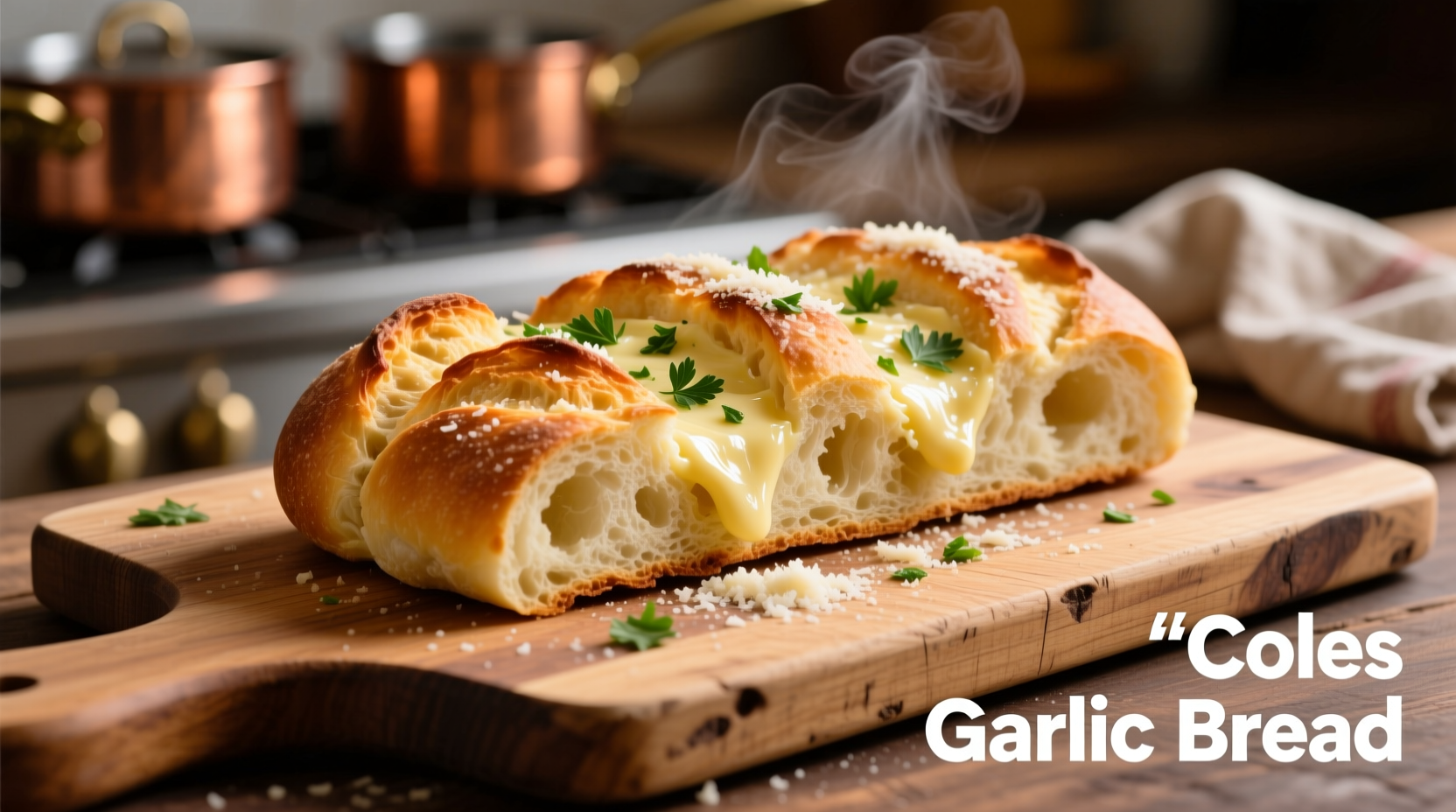Freshly baked Coles garlic bread on wooden cutting board