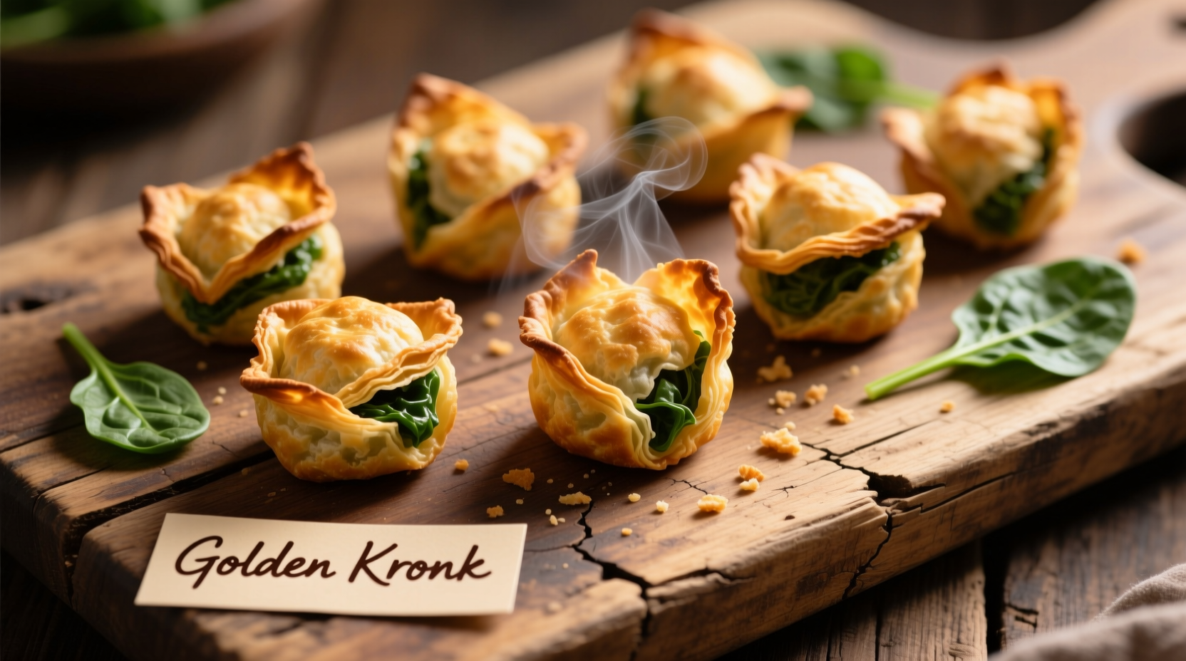 Golden kronk spinach puffs arranged on rustic wooden board