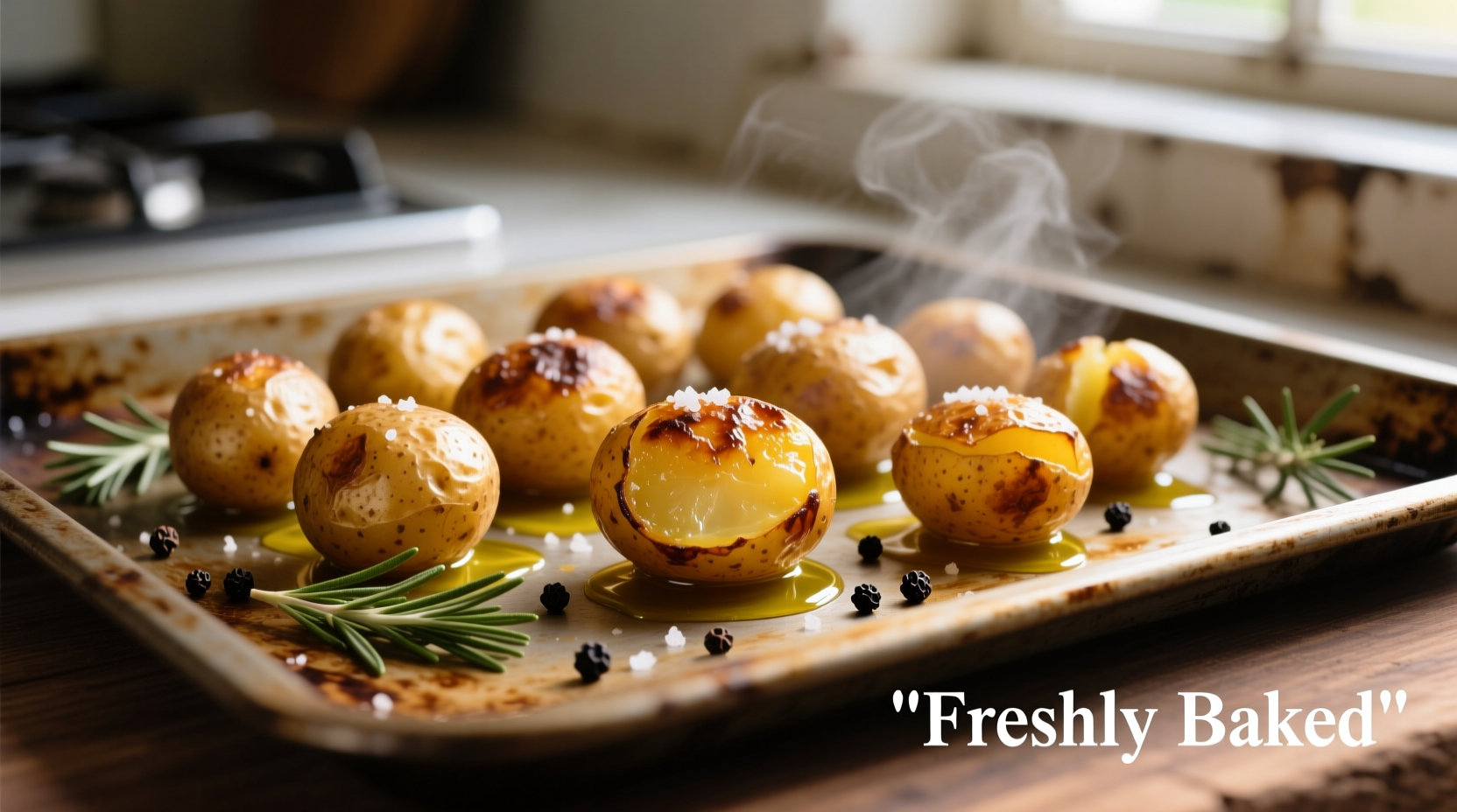Golden roasted baby potatoes on baking sheet