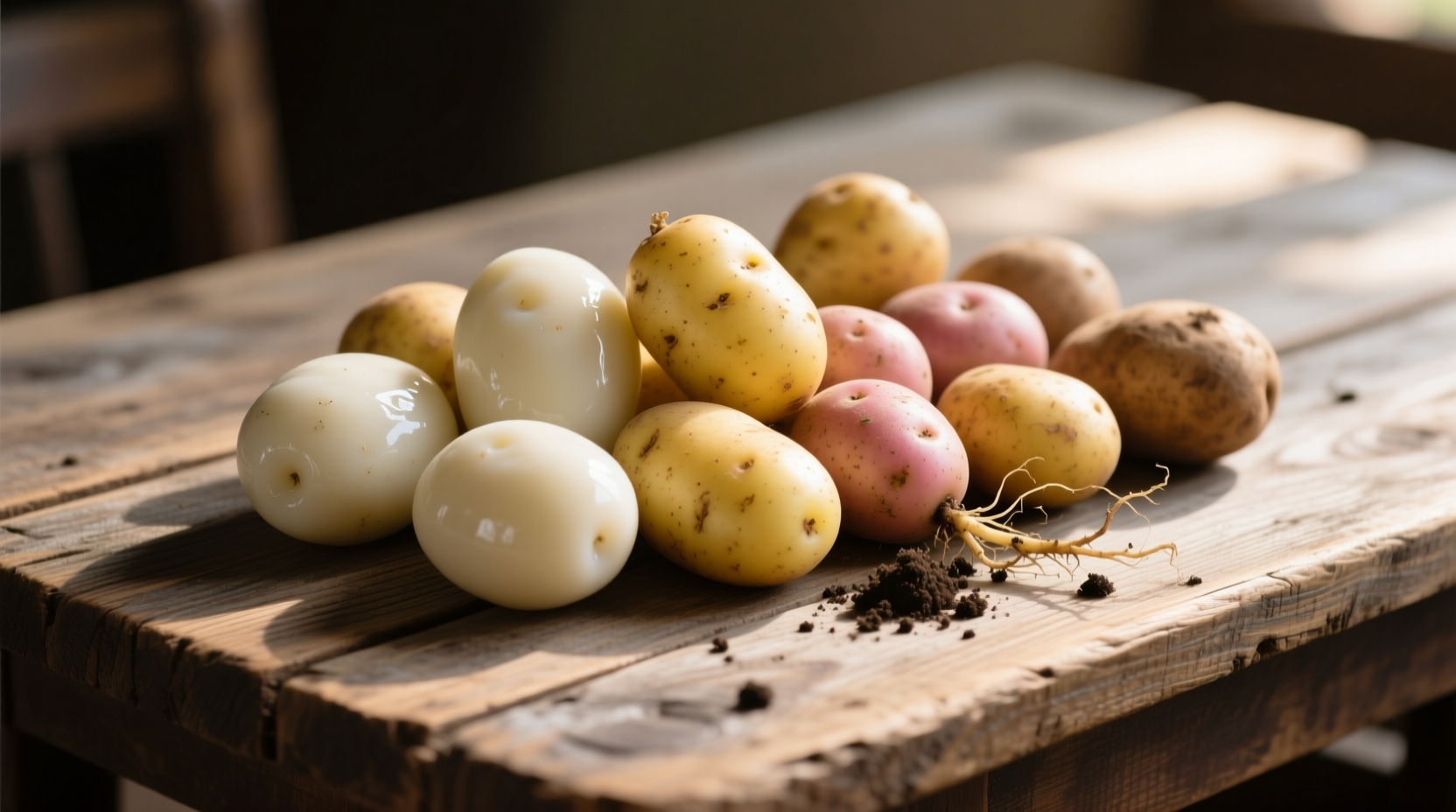 Assorted waxy potato varieties on wooden table