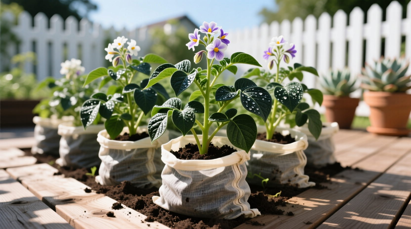 Potato plants growing in fabric grow bags on a sunny patio