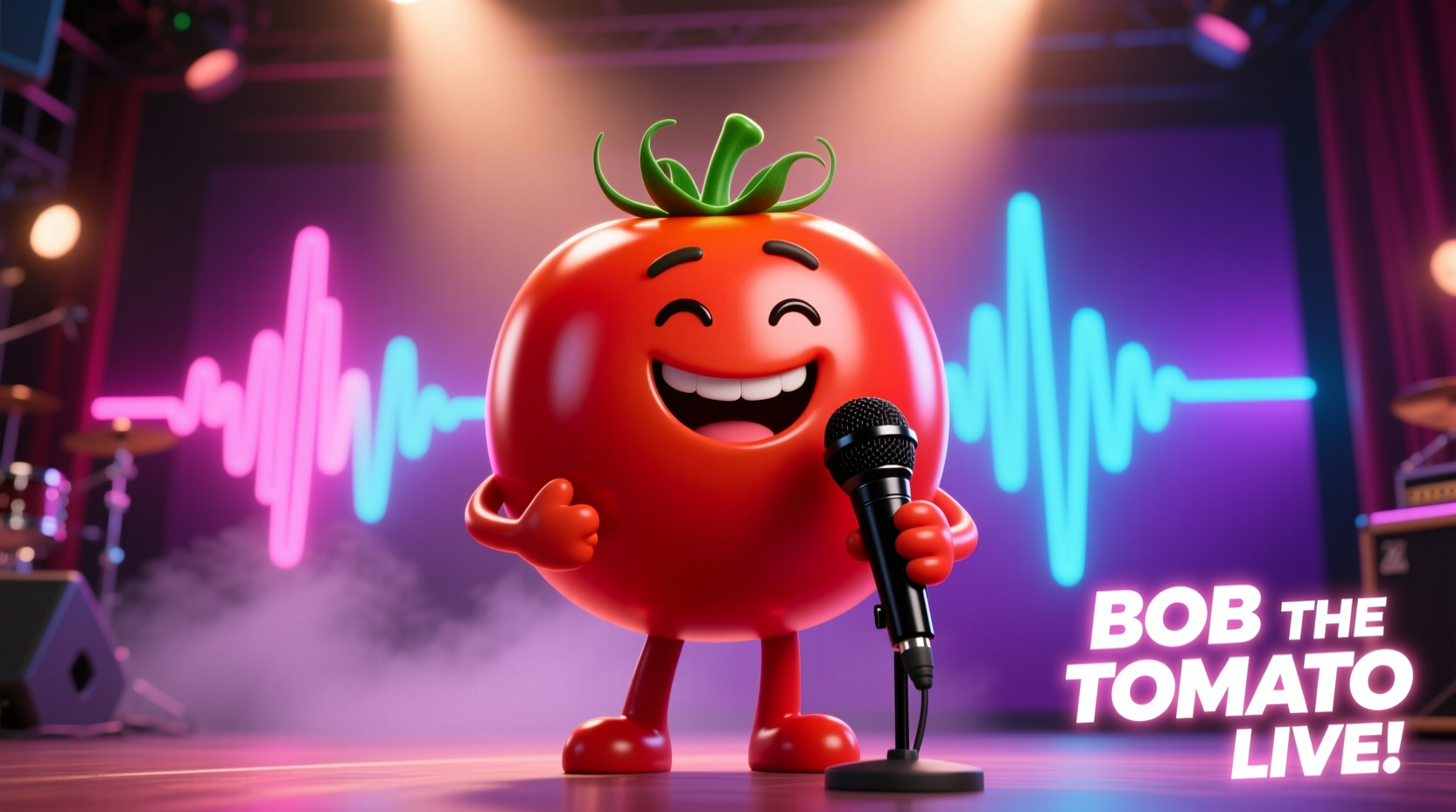 Bob the Tomato smiling while holding a microphone